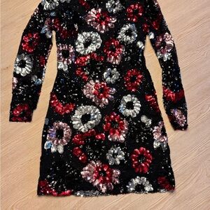 Floral Sequin Long Sleeve Dress - Black, Red, Silver